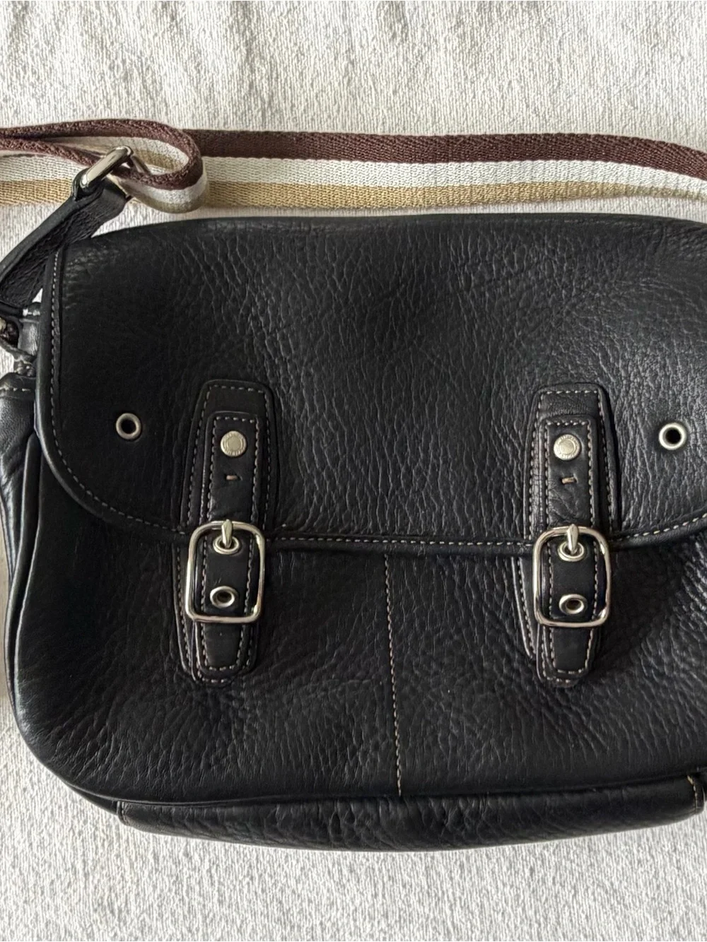 Vintage Coach Black Leather Crossbody Bag with Striped Strap for women